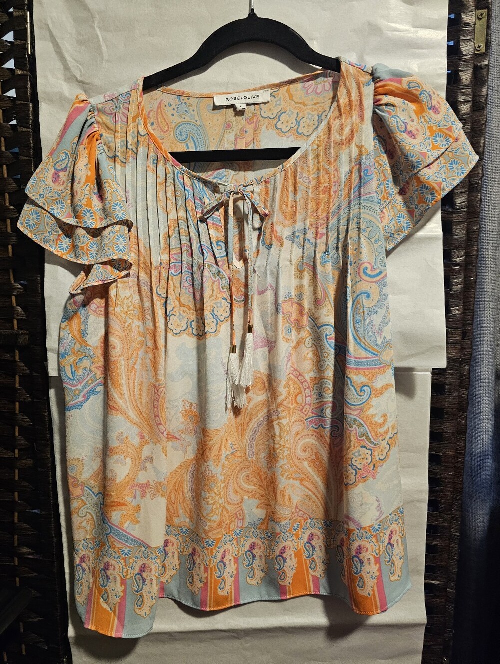 Rose + Olive BOHO Peasant Blouse orange pink & aqua Paisley Flutter Sleeves S